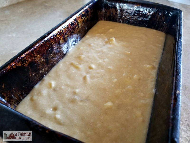 A loaf pan of batter ready to go in the oven.