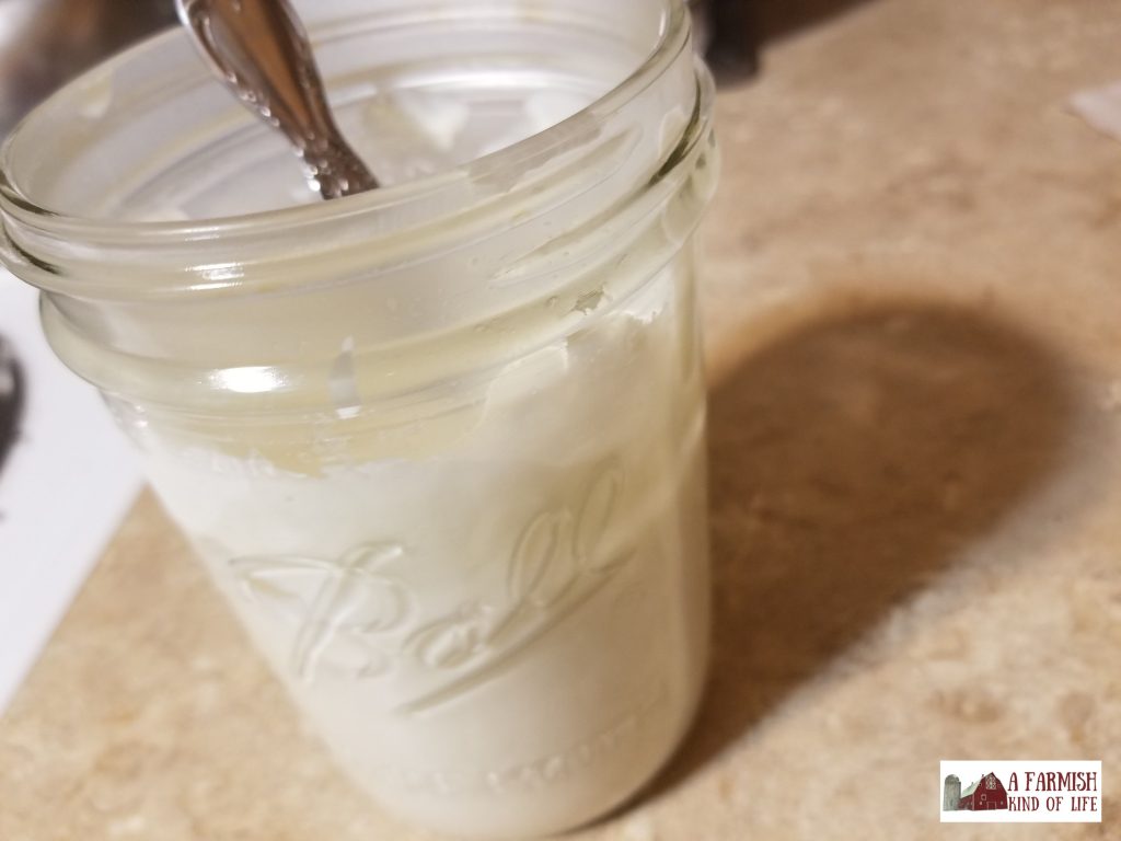 Jar of homemade mayo with a spoon sticking out of it